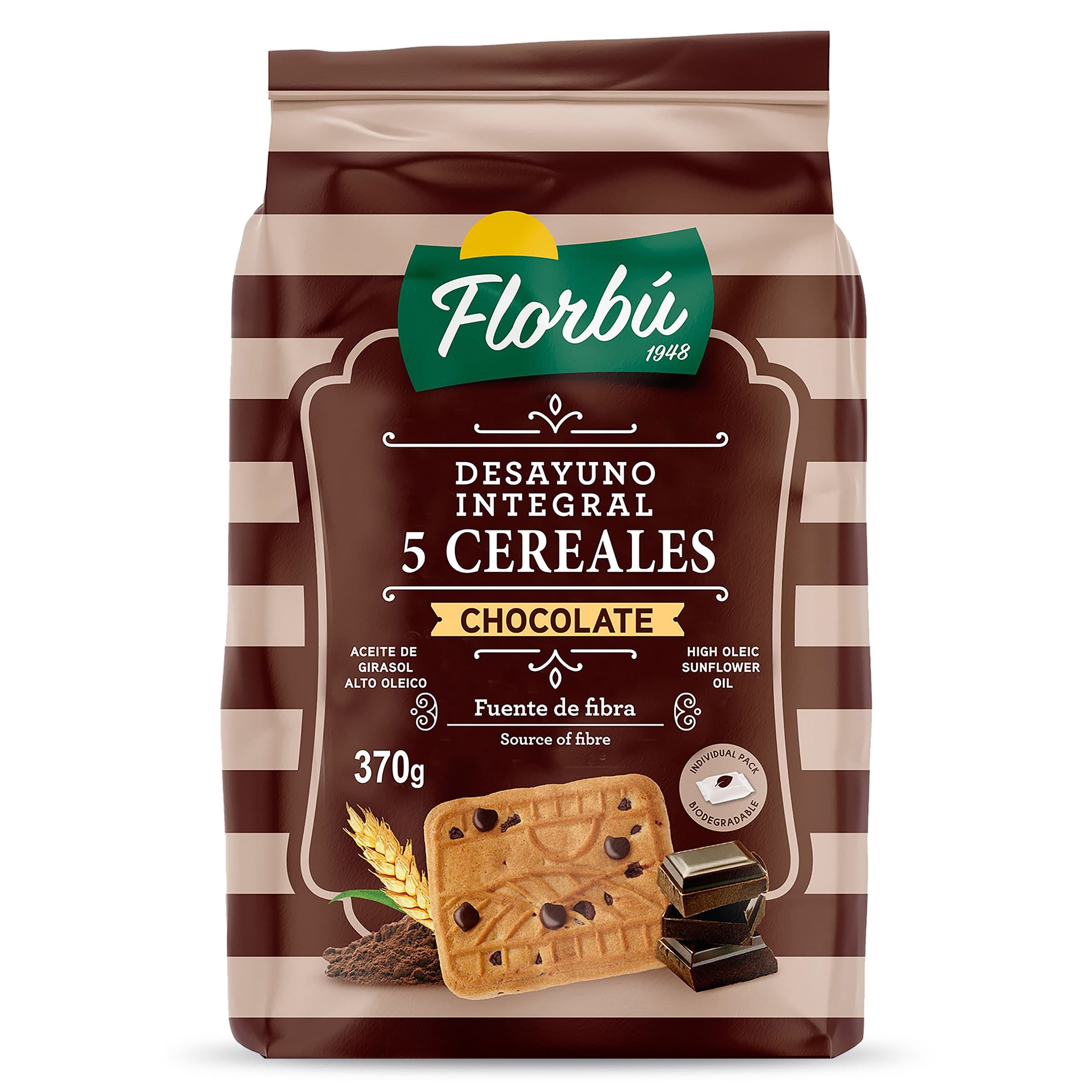 Galletas integrales con 5 cereales y chocolate Florbu bolsa 370 g