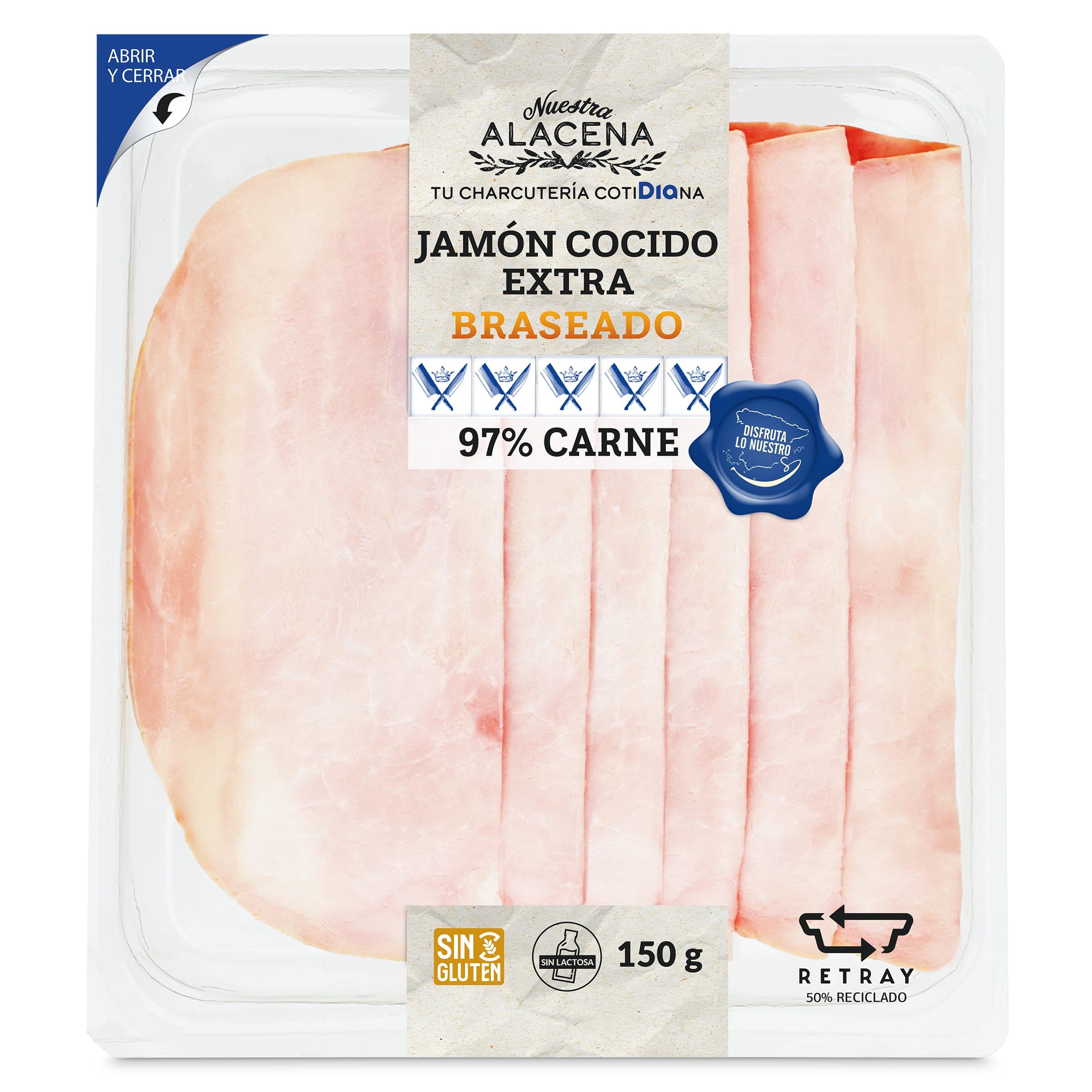 Jamón cocido braseado 97% Dia Nuestra Alacena 150 g