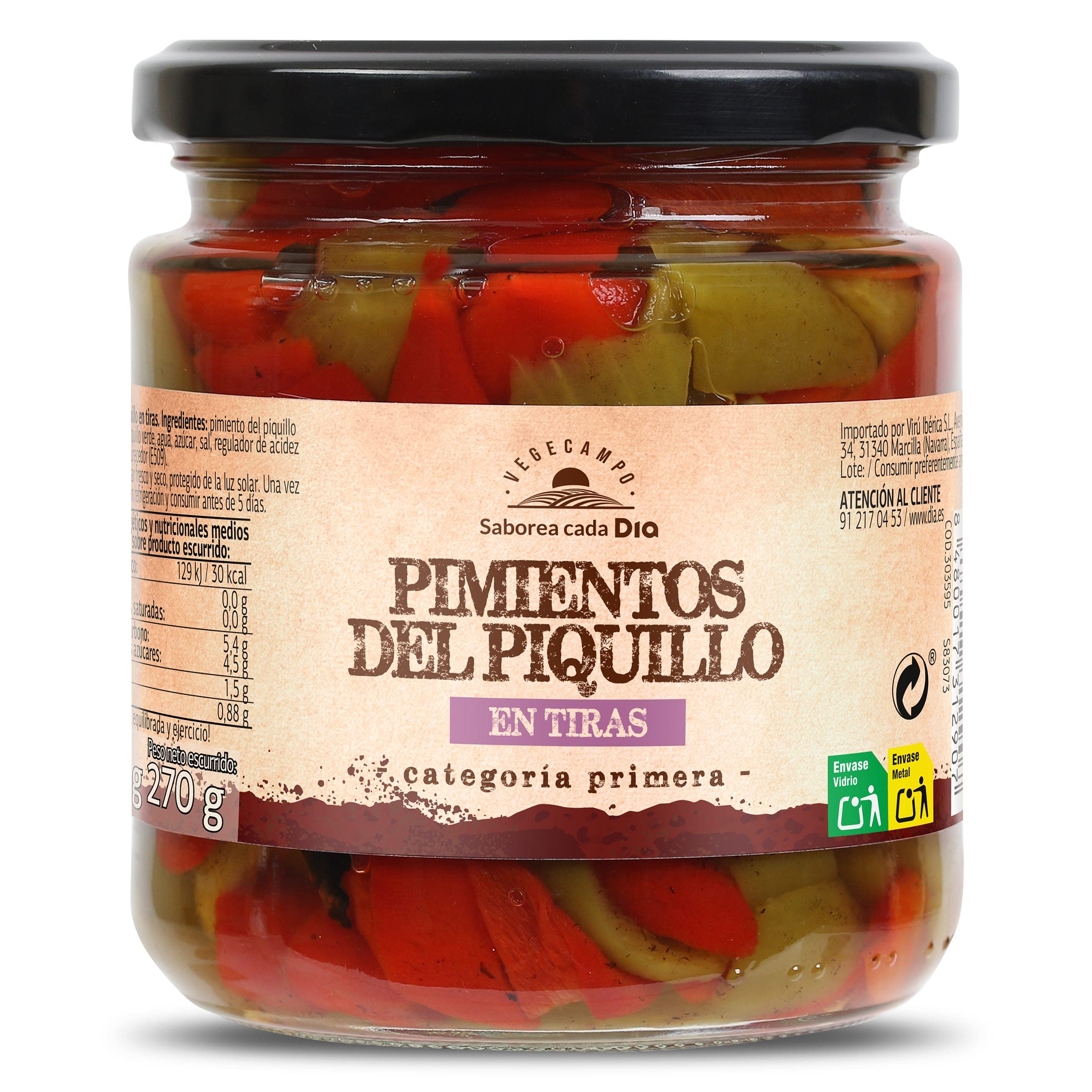 Pimientos del piquillo rojo y verde en tiras Dia Vegecampo 275 g